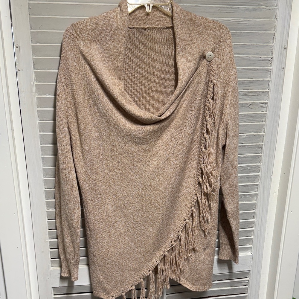 Elegant Tan Sweater with Fringe Detail